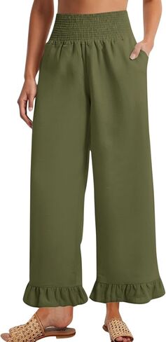Woman Fashion Ruffle Hem Pant Smocked Elastic High Waist Long Pants for Women Linen Spring Fall Trousers in Kuwait