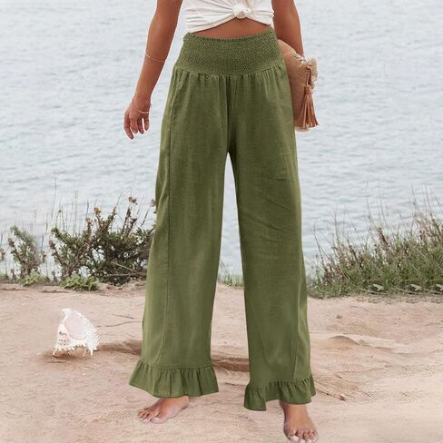 Woman Fashion Ruffle Hem Pant Smocked Elastic High Waist Long Pants for Women Linen Spring Fall Trousers in Kuwait