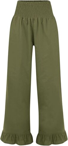 Woman Fashion Ruffle Hem Pant Smocked Elastic High Waist Long Pants for Women Linen Spring Fall Trousers in Kuwait