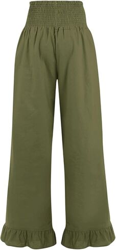 Woman Fashion Ruffle Hem Pant Smocked Elastic High Waist Long Pants for Women Linen Spring Fall Trousers in Kuwait