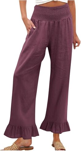 Woman Fashion Ruffle Hem Pant Smocked Elastic High Waist Long Pants for Women Linen Spring Fall Trousers in Kuwait