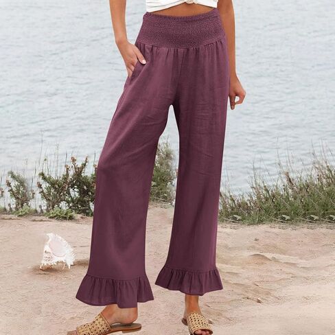 Woman Fashion Ruffle Hem Pant Smocked Elastic High Waist Long Pants for Women Linen Spring Fall Trousers in Kuwait