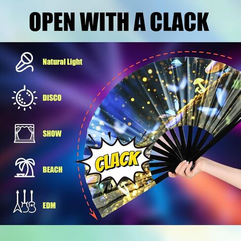 innolife 13 "مروحة اليد القابلة للطي كبيرة للهتاف ، مروحة UV Glow Rave ، مروحة Clack للنساء ، مروحة يدوية الخيزر in Saudi Arabia