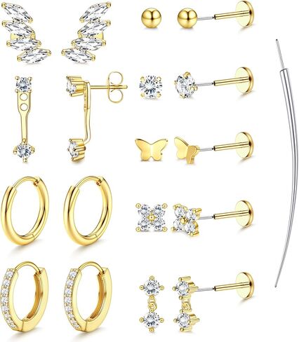 Besteelless Bestelless Back Earrings Hypoallergenic - 9 أزواج 316L دفع الفولاذ الجراحي في ترصيع CZ والأطواق المحددة للنساء رجال 14 كيلو غامض غضروف Tragus Helix Nose Birecing Jewelry 16G 18G in Saudi Arabia