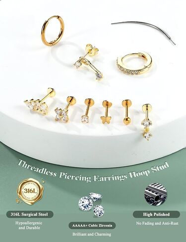 Besteelless Bestelless Back Earrings Hypoallergenic - 9 أزواج 316L دفع الفولاذ الجراحي في ترصيع CZ والأطواق المحددة للنساء رجال 14 كيلو غامض غضروف Tragus Helix Nose Birecing Jewelry 16G 18G in Saudi Arabia