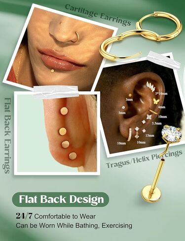 Besteelless Bestelless Back Earrings Hypoallergenic - 9 أزواج 316L دفع الفولاذ الجراحي في ترصيع CZ والأطواق المحددة للنساء رجال 14 كيلو غامض غضروف Tragus Helix Nose Birecing Jewelry 16G 18G in Saudi Arabia