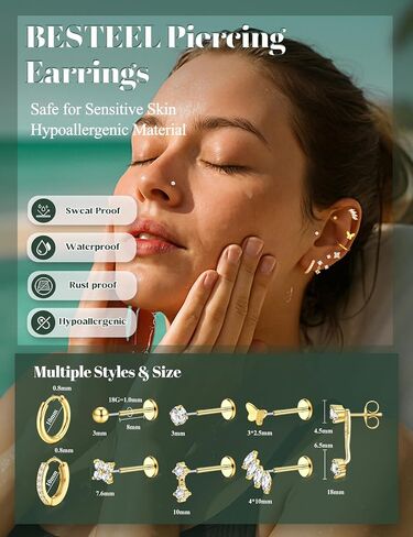 Besteelless Bestelless Back Earrings Hypoallergenic - 9 أزواج 316L دفع الفولاذ الجراحي في ترصيع CZ والأطواق المحددة للنساء رجال 14 كيلو غامض غضروف Tragus Helix Nose Birecing Jewelry 16G 18G in Saudi Arabia