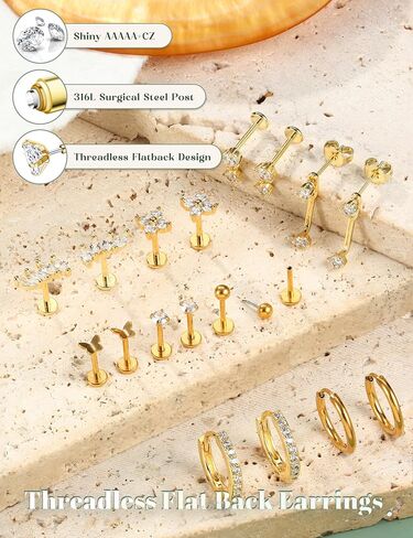 Besteelless Bestelless Back Earrings Hypoallergenic - 9 أزواج 316L دفع الفولاذ الجراحي في ترصيع CZ والأطواق المحددة للنساء رجال 14 كيلو غامض غضروف Tragus Helix Nose Birecing Jewelry 16G 18G in Saudi Arabia