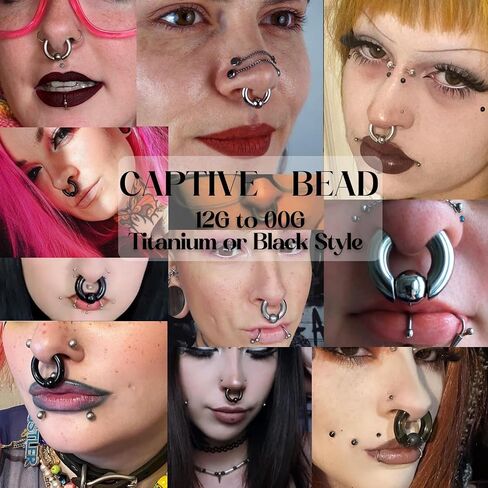 BodyBonita G23 Titanium Septum Rings PA 00/0/2/4/6/8/10/12G Captive Bead Spring Action CBR Monster Screwball for Men Women Ear Weights for Stretched Ear Piercing Body Jewelry 10/12/16mm Silver Black in Saudi Arabia