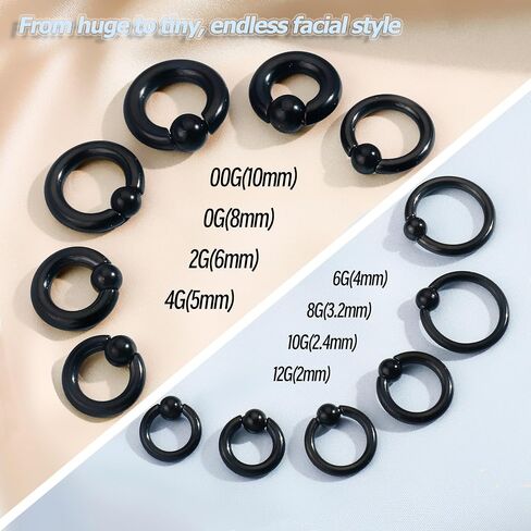 BodyBonita G23 Titanium Septum Rings PA 00/0/2/4/6/8/10/12G Captive Bead Spring Action CBR Monster Screwball for Men Women Ear Weights for Stretched Ear Piercing Body Jewelry 10/12/16mm Silver Black in Saudi Arabia