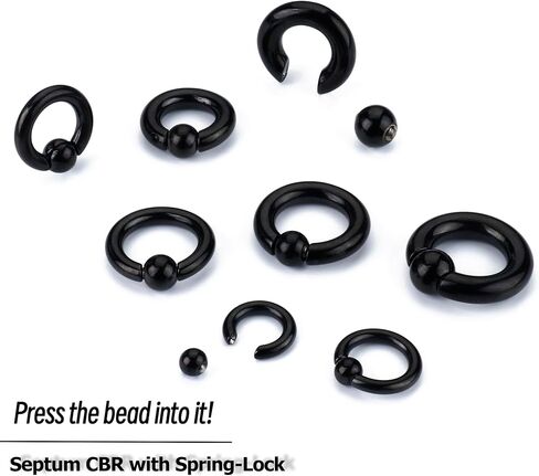BodyBonita G23 Titanium Septum Rings PA 00/0/2/4/6/8/10/12G Captive Bead Spring Action CBR Monster Screwball for Men Women Ear Weights for Stretched Ear Piercing Body Jewelry 10/12/16mm Silver Black in Saudi Arabia