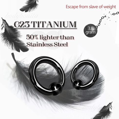BodyBonita G23 Titanium Septum Rings PA 00/0/2/4/6/8/10/12G Captive Bead Spring Action CBR Monster Screwball for Men Women Ear Weights for Stretched Ear Piercing Body Jewelry 10/12/16mm Silver Black in Saudi Arabia
