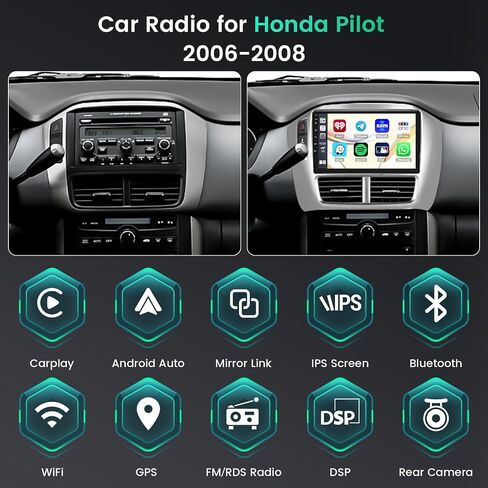 2+64GB Wireless Apple Carplay for Honda Pilot Android Radio 2006-2008, Hikity 9 Inch Touch Screen Pilot Stereo with Android Auto, GPS Navigation, WiFi, Bluetooth, WiFi, Mirror Link, SWC, Backup Cam in Saudi Arabia