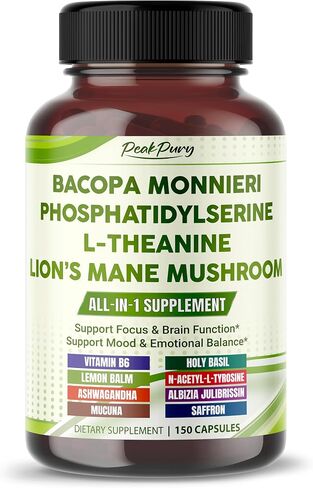 Premium Bacopa, Phosphatidylserine, L-Theanine & Lion’s Mane – All-in-1 Supplement for Focus, Brain Function & Emotional Balance – Made in The USA – 150 Capsules in Saudi Arabia