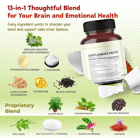 Premium Bacopa, Phosphatidylserine, L-Theanine & Lion’s Mane – All-in-1 Supplement for Focus, Brain Function & Emotional Balance – Made in The USA – 150 Capsules in Saudi Arabia