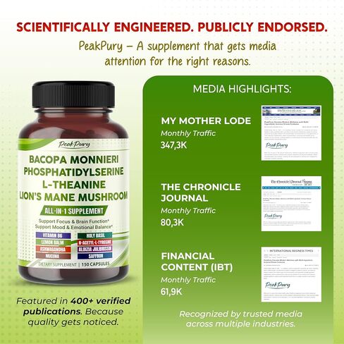 Premium Bacopa, Phosphatidylserine, L-Theanine & Lion’s Mane – All-in-1 Supplement for Focus, Brain Function & Emotional Balance – Made in The USA – 150 Capsules in Saudi Arabia