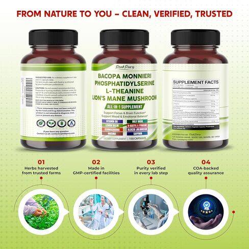 Premium Bacopa, Phosphatidylserine, L-Theanine & Lion’s Mane – All-in-1 Supplement for Focus, Brain Function & Emotional Balance – Made in The USA – 150 Capsules in Saudi Arabia