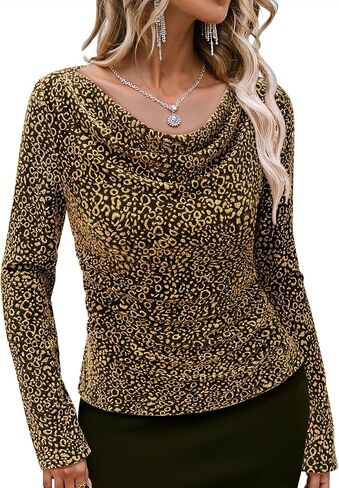 Bebonnie Women's Cowl Neck Long Long Endrendy Teads Tops Glitter Evening Cocktail Party Slimming Derts in Kuwait