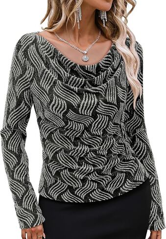 Bebonnie Women's Cowl Neck Long Long Endrendy Teads Tops Glitter Evening Cocktail Party Slimming Derts in Kuwait