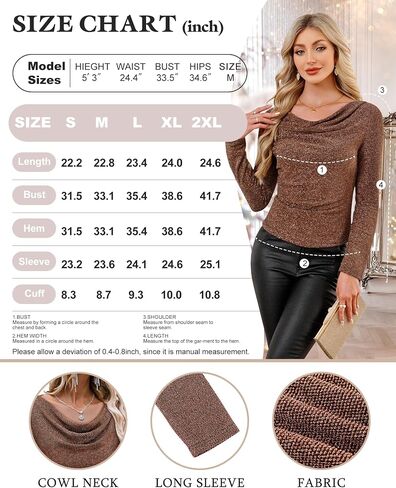 Bebonnie Women's Cowl Neck Long Sleeve Stretchy Sequin Tops Glitter Evening Cocktail Party Slimming Shirts in Kuwait