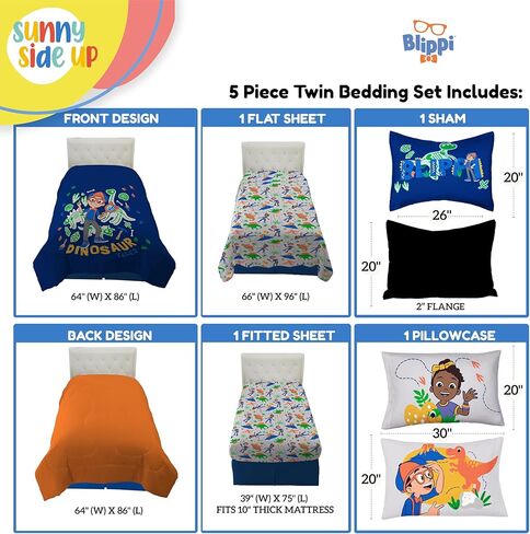 Sunny Side Up Dino Roar Twin Comforter Set - 5 Piece Kids Bedding Includes Comforter, Sheets & Pillow Cover - Super Soft Dinosaur Microfiber Bed Set in Kuwait