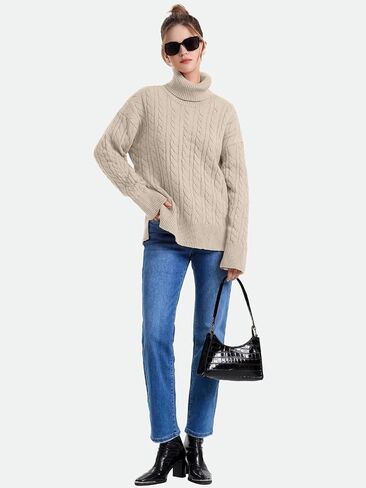 ZANZEA Turtleneck Sweater Women Long Sleeve Oversized Pullover Spilt Hem Chunky Cable Knit Jumper Fall Sweaters 2025 in Saudi Arabia