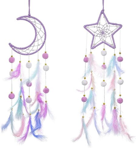 مجموعة شنقة الحلم الأرجواني ، 2 PCS Moon Star Pompom Feather Dreamcatcher Decord Decord Handmade Dream Catchers Boho Decor in Saudi Arabia