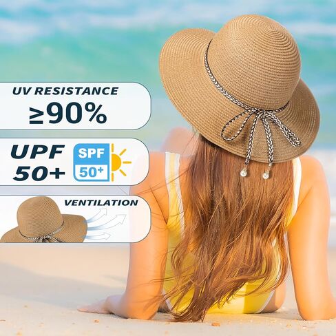 Womens Beach Sun Straw Hat - UV Protection Upf 50+ Sun Hats للنساء مع حافة واسعة in Kuwait