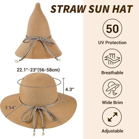 Womens Beach Sun Straw Hat - UV Protection Upf 50+ Sun Hats للنساء مع حافة واسعة in Kuwait
