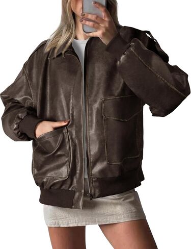 Women's Faux Leather Jacket Trendy 2025 Oversized Zip Up Motorcycle Bomber Jacket Coats Fall Winter Outerwear in Kuwait