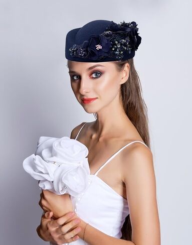 British Retro Felt Hat Women Rhinestone Floral Church Derby Hat Classic French Berets in Kuwait