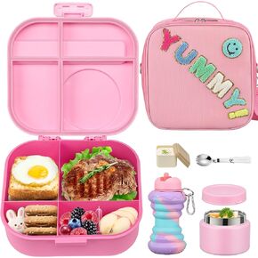 Kids Bento Lunch Box with 12oz Soup Thermo, Kids Leakproof Lunch Food Container with 4 Compartments, Insulated Lunch Bag & Water Cup for Girls Boys to School Travel in Saudi Arabia