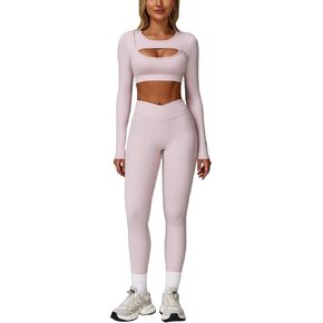 2 Piece Workout Sets for Women Seamless High Waist Flare Leggings Yoga Long Sleeve Cutout Crop Tops Athletic Sets in Kuwait