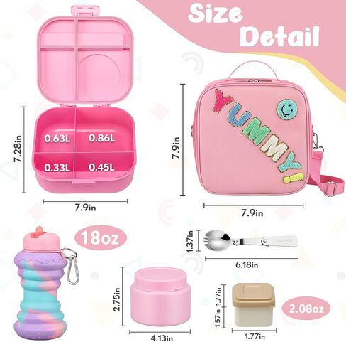 Kids Bento Lunch Box with 12oz Soup Thermo, Kids Leakproof Lunch Food Container with 4 Compartments, Insulated Lunch Bag & Water Cup for Girls Boys to School Travel in Saudi Arabia