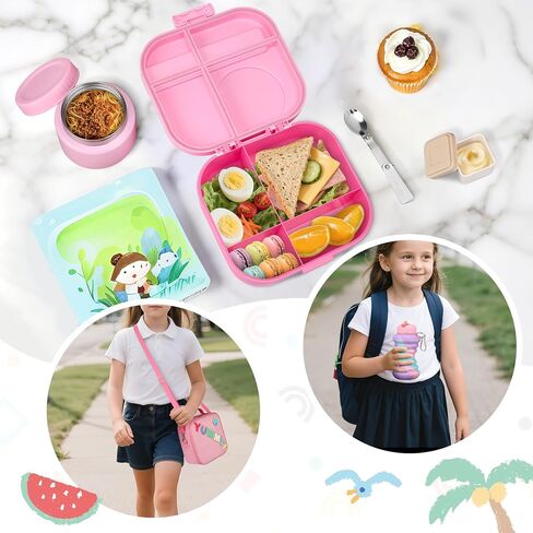 Kids Bento Lunch Box with 12oz Soup Thermo, Kids Leakproof Lunch Food Container with 4 Compartments, Insulated Lunch Bag & Water Cup for Girls Boys to School Travel in Saudi Arabia