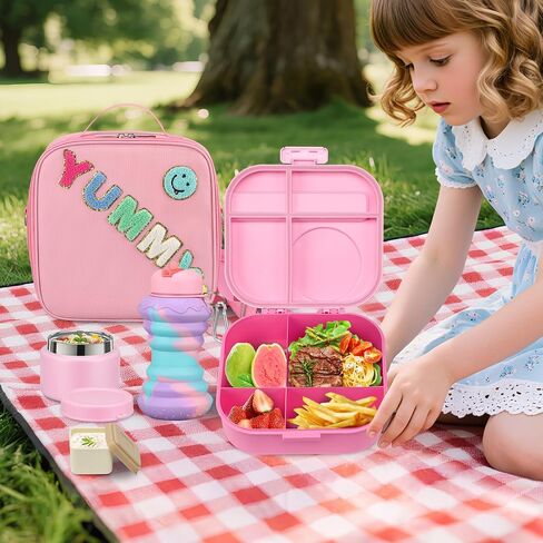 Kids Bento Lunch Box with 12oz Soup Thermo, Kids Leakproof Lunch Food Container with 4 Compartments, Insulated Lunch Bag & Water Cup for Girls Boys to School Travel in Saudi Arabia