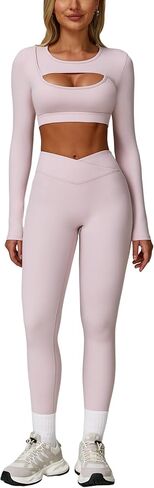 2 Piece Workout Sets for Women Seamless High Waist Flare Leggings Yoga Long Sleeve Cutout Crop Tops Athletic Sets in Saudi Arabia