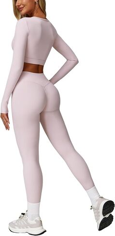 2 Piece Workout Sets for Women Seamless High Waist Flare Leggings Yoga Long Sleeve Cutout Crop Tops Athletic Sets in Saudi Arabia