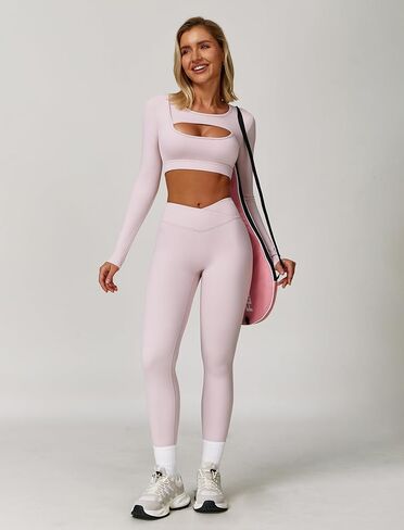 2 Piece Workout Sets for Women Seamless High Waist Flare Leggings Yoga Long Sleeve Cutout Crop Tops Athletic Sets in Saudi Arabia