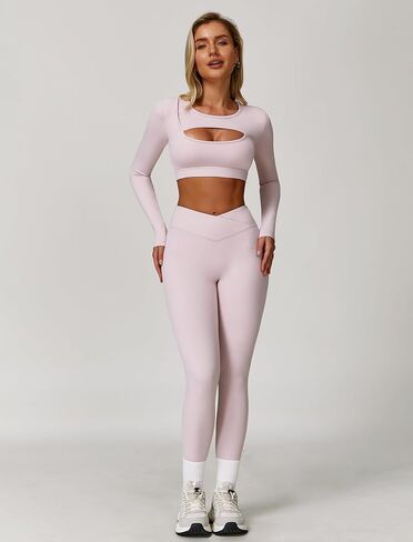 2 Piece Workout Sets for Women Seamless High Waist Flare Leggings Yoga Long Sleeve Cutout Crop Tops Athletic Sets in Saudi Arabia