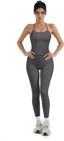 SUUKSESS Women 2 Piece Workout Sets Compression Tummy Control Leggings with Pockets Halter Built in Bra Tank Tops in Saudi Arabia