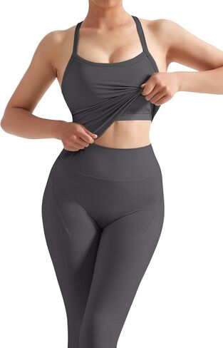 SUUKSESS Women 2 Piece Workout Sets Compression Tummy Control Leggings with Pockets Halter Built in Bra Tank Tops in Saudi Arabia