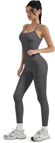 SUUKSESS Women 2 Piece Workout Sets Compression Tummy Control Leggings with Pockets Halter Built in Bra Tank Tops in Saudi Arabia