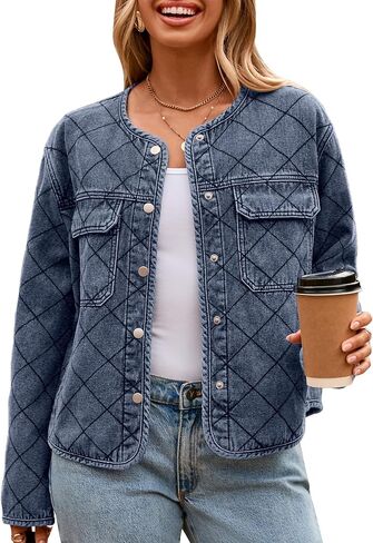 Glamaker Jean Jacket Women Denim Long Sleeve Button Down Diamond Quilted Lightweight Jackets Fall Winter Shacket Coats in Saudi Arabia