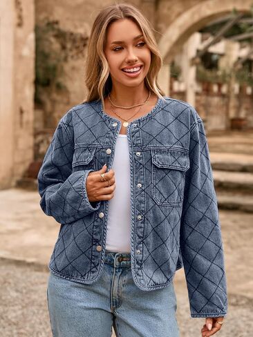 Glamaker Jean Jacket Women Denim Long Sleeve Button Down Diamond Quilted Lightweight Jackets Fall Winter Shacket Coats in Saudi Arabia