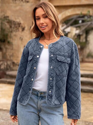 Glamaker Jean Jacket Women Denim Long Sleeve Button Down Diamond Quilted Lightweight Jackets Fall Winter Shacket Coats in Saudi Arabia