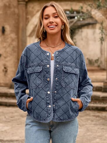 Glamaker Jean Jacket Women Denim Long Sleeve Button Down Diamond Quilted Lightweight Jackets Fall Winter Shacket Coats in Saudi Arabia