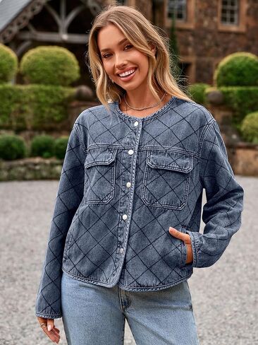 Glamaker Jean Jacket Women Denim Long Sleeve Button Down Diamond Quilted Lightweight Jackets Fall Winter Shacket Coats in Saudi Arabia