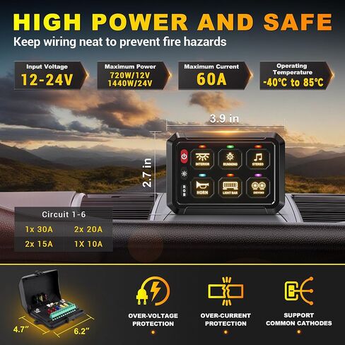 BUMBEE 6 Gang Switch Panel RGB 6-Level Brightness Switches， High Power 3 Silicone Button， Multifunction Toggle Switch Box Circuit Control Relay Momentary Golf Cart Truck SUV RV Offroad Marine in Kuwait