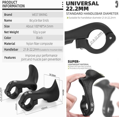 نهايات مقود الدراجة مريح بدون انزلاق ، تمديد امتداد MTB Road Mountain Bar Bar Extender لـ 21.8-22.8 مم ، زوج واحد (طويل) in Kuwait